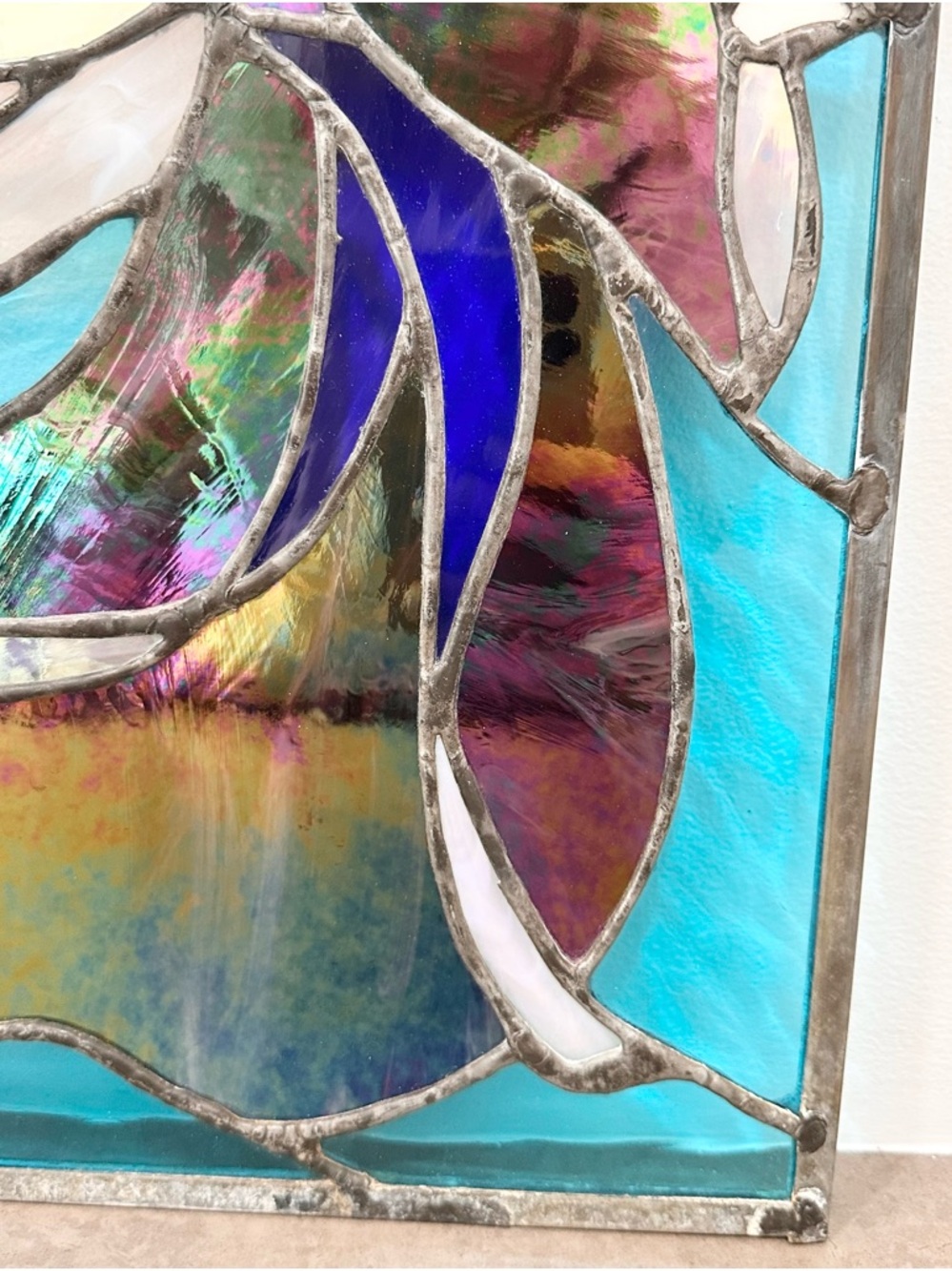 Stained Glass Angel Window Panel in Burgundy, White, Blue, Yellow 19 x 14 inches - Picture 12 of 14